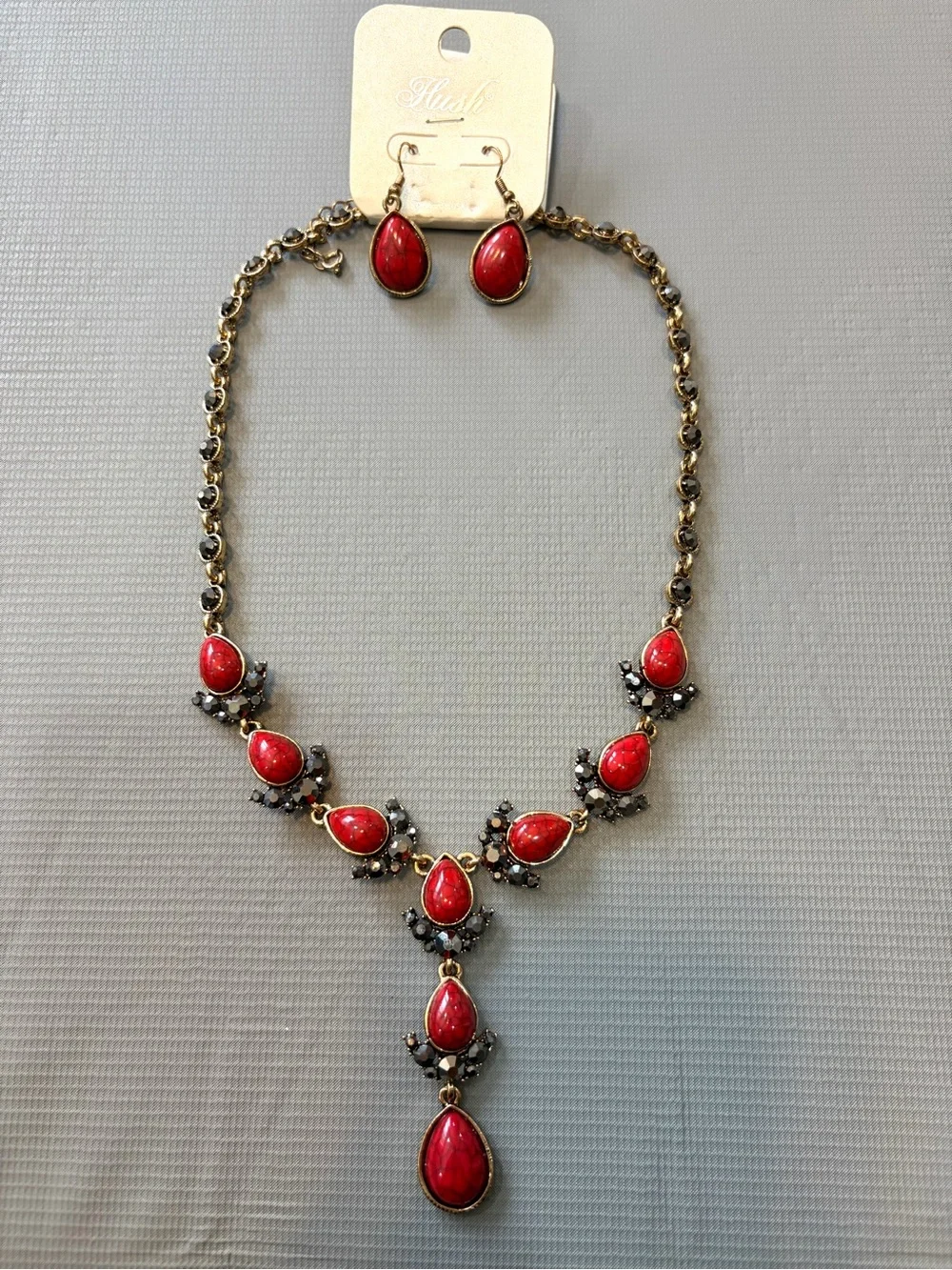 Gold-Tone Red Teardrop Necklace & Earring Set
